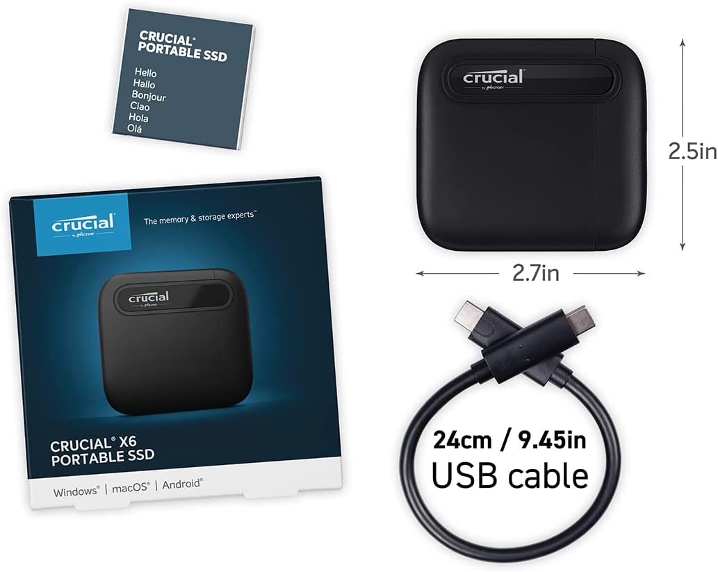 Crucial X6 1TB Portable SSD - Up to 800MB/s - PC and Mac - USB 3.2 USB-C External Solid State Drive